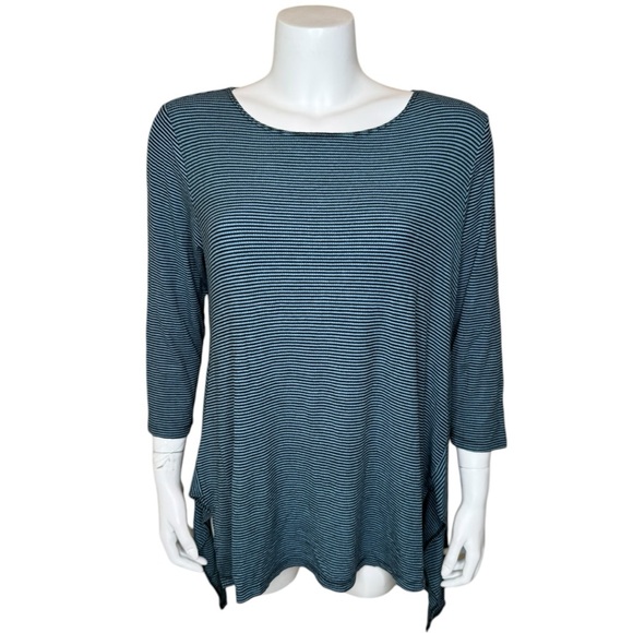 Comfy USA Tops - Comfy USA Striped Top Tunic L Sharkbite Hem 3/4 Sleeve Blue Black